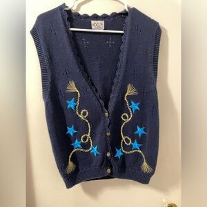 Vintage Koret Embroidered Blue Cardigan Sweater Vest with Star details. Sz Small